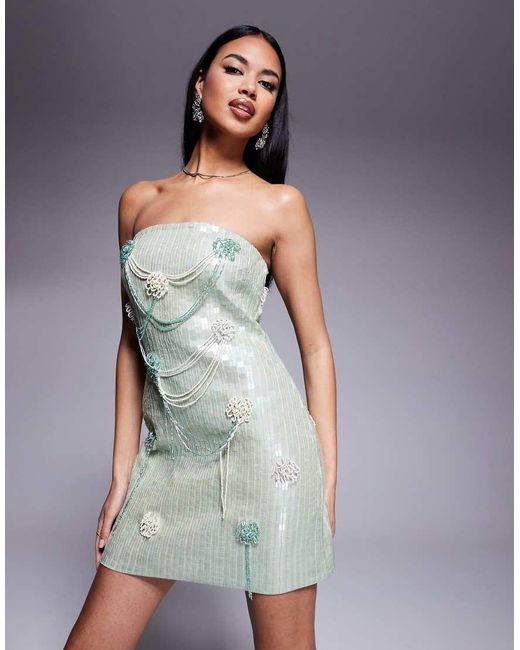 Vestido Corto Verde Pistacho Con Escote Palabra De Honor Y Diseño De Abalorios Ondulado Con Detalles Drapeados De ASOS de color Gray