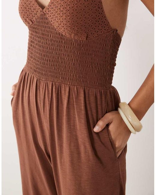ASOS Brown Crochet Shirred Jumpsuit