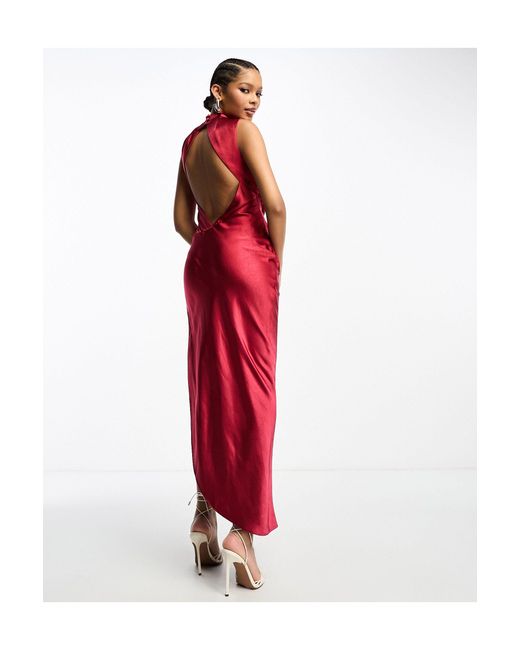 ASOS Red Satin High Neck Drape Maxi Dress With Open Back And High Split