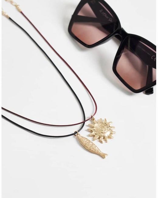 ASOS Metallic Pack Of 2 Corded Necklaces With Sun And Fish Pendants