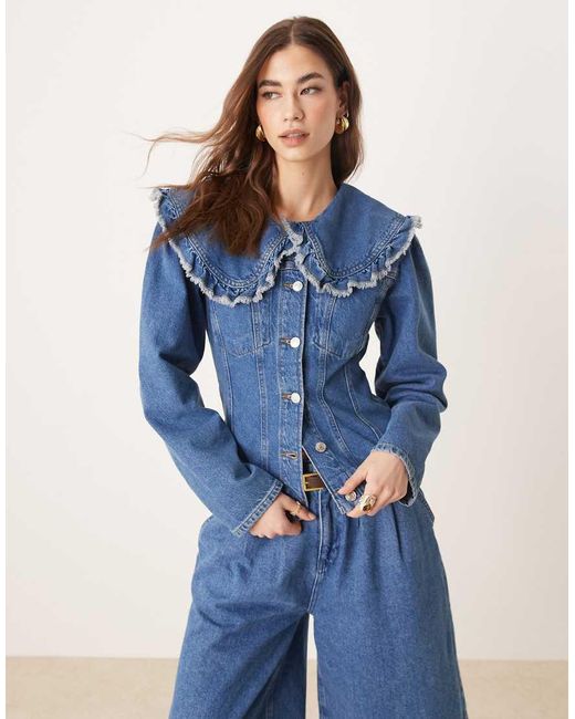 ASOS Blue Denim Jacket With Frill Collar And Seam Detail - M