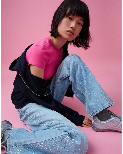 Bershka Pink High-waist Shimmery Straight Wide-leg Jeans
