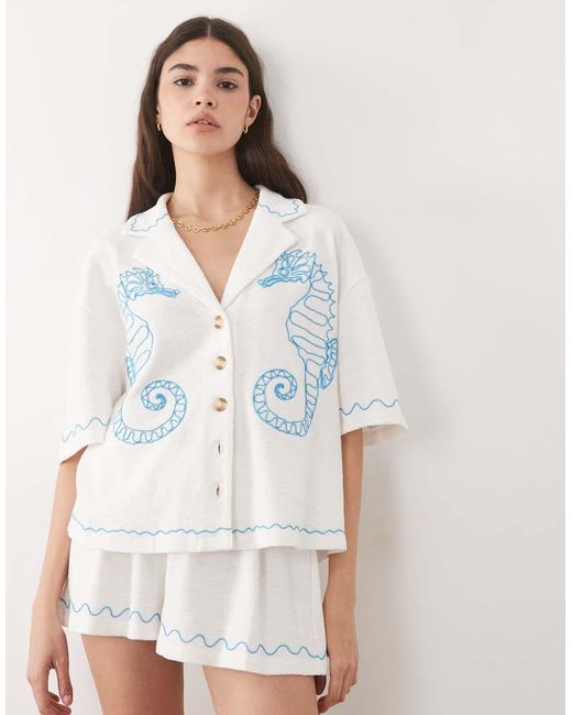 ASOS White Textured Jersey Revere Shirt Co-Ord With Seahorse Embroidery