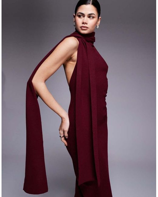 Oh Polly Purple Dree Rib Knit Scarf Detail Halter Neck Maxi Dress
