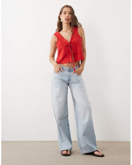Miss Selfridge Red Linen Blend Tie Front Top