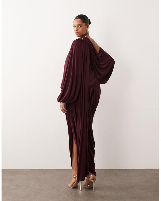 ARRANGE Red Curve Fallen Shoulder Draped Midi Dress With Train