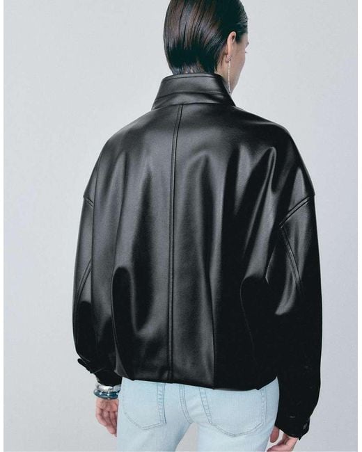 Stradivarius Gray Leather Effect Balloon Jacket With Belt