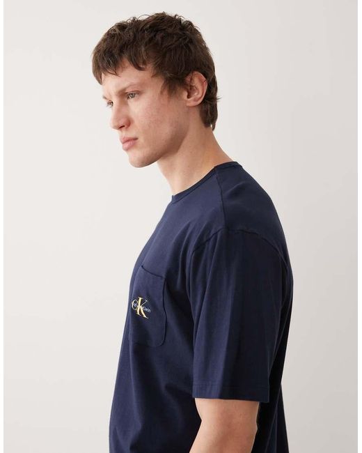Calvin Klein Blue Icon Cotton Stretch Loungewear Monogram T-shirt Co-ord for men