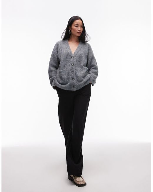 TOPSHOP Gray Knitted V-neck Fluffy Oversized Cardigan With Pockets
