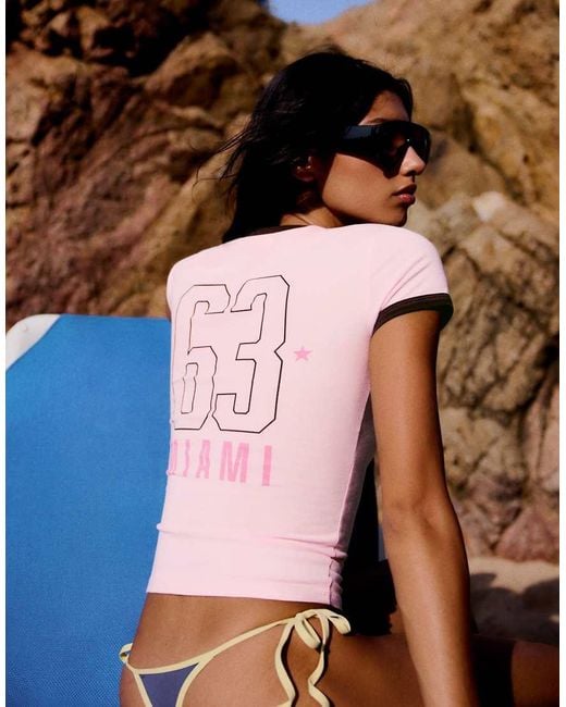 Bershka Pink Contrast Print Fitted T-shirt