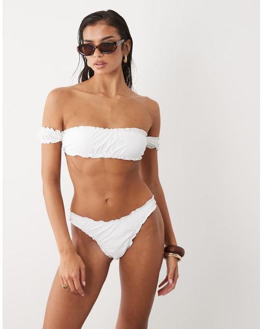 The Frolic White Exclusive Frill Ruched Off Shoulder Bikini Top Co-Ord