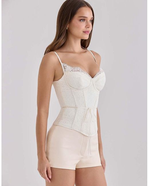 House Of Cb White Audrina Ivory Lace Corset Top With Ribbon Waist Tie