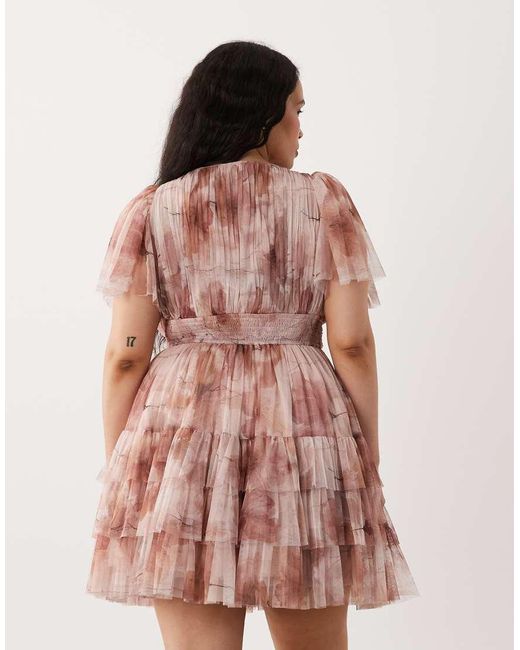 Lace & Beads Plus Pink Tulle Plunge Neck Flutter Sleeve Tiered Mini Dress