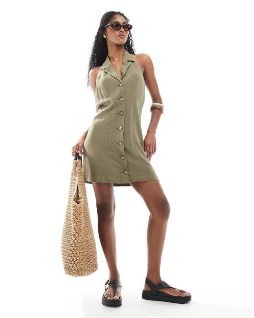 Miss Selfridge Green Linen Blend Collared Halter Mini Dress Khaki