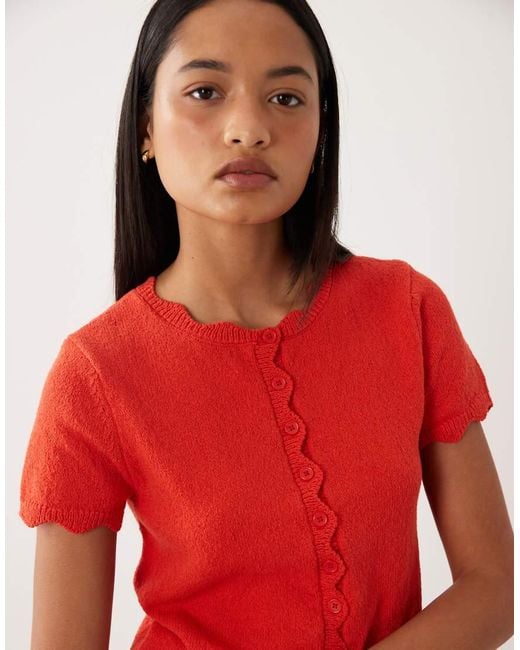 ASOS Red Slub Yarn Cardigan With Scallop Edge Co-Ord