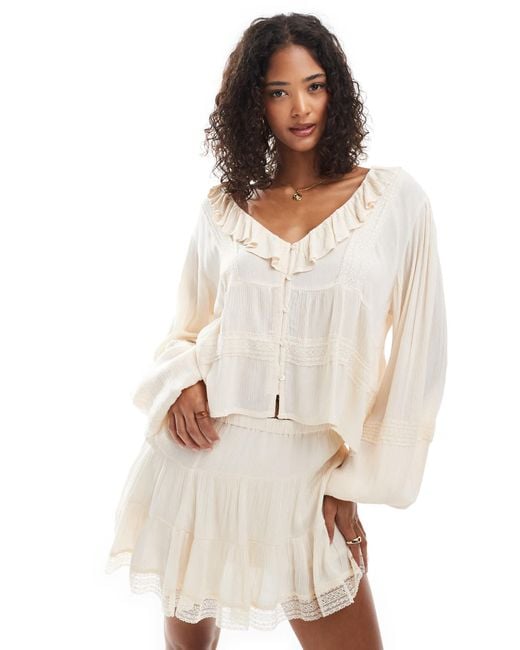 Pull&Bear Natural Ruffle Detail Blouse With Lace Co-ord