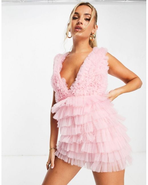 LACE & BEADS Pink Exclusive Backless Ruffle Mini Dress