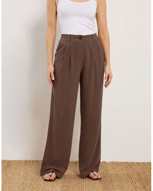 Long Tall Sally Brown Linen Pleated Wide Leg Trousers