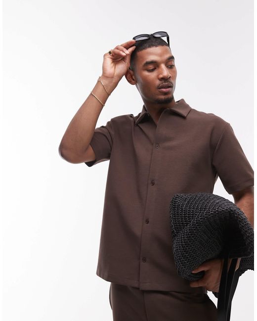 Topman Brown Premium Oversized Fit Button Through Interlock Jersey Shirt for men