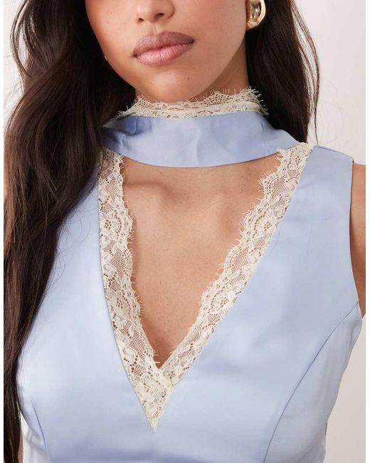 Kaiia Blue Exclusive Satin Contrast Lace Trim Scarf Detail V-Neck Thigh Split Maxi Dress
