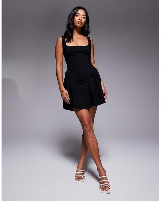 Vesper Petite Black Bengaline Square Neck Drop Waist Detail Skater Mini Dress