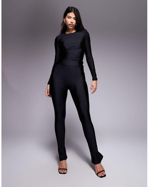 Leggings Negros Ultrabrillantes Con Diseño Moldeador, Costura Delantera Y Abertura Trasera Mix & Match De (Parte De Un Conjunto) Ruched & Ready de color Blue