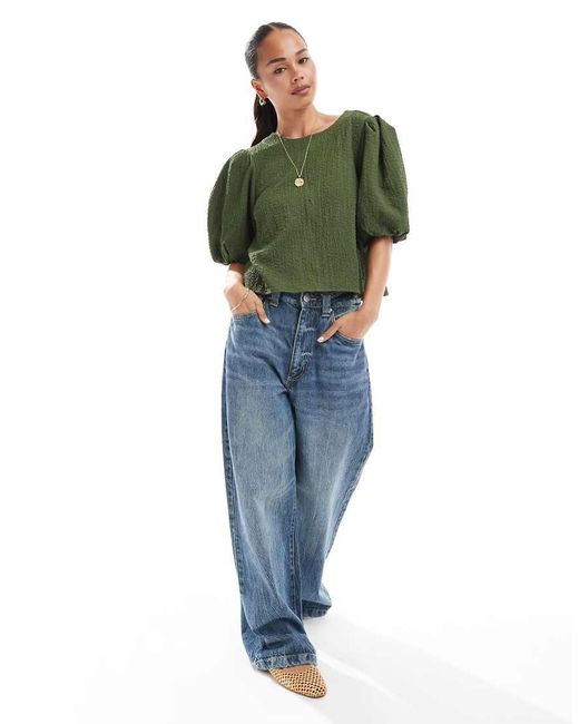 Top Kaki Stropicciato Con Maniche A Sbuffo di ASOS in Green