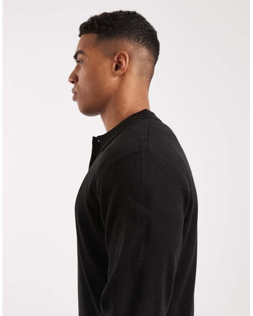 New Look Black Knitted Polo Top for men