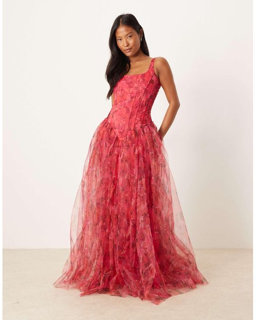 LACE & BEADS Women's Red Drop Waist Corset Detail Maxi Dress -  coffeafoods.com