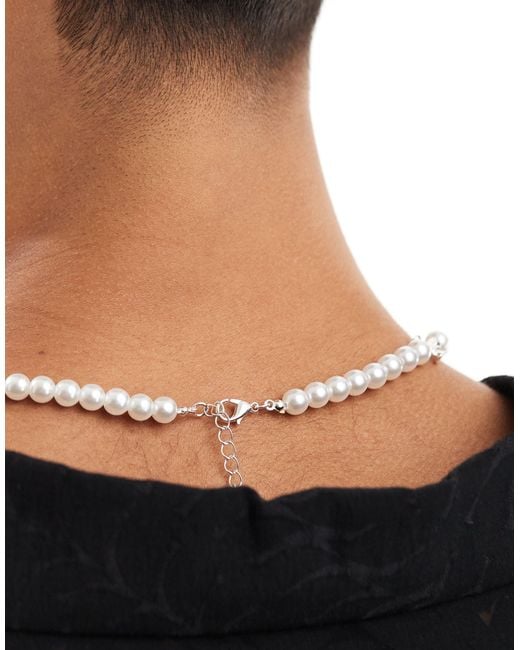 Jack & Jones Black Pearl Necklace With Silver Plated Cross Charms for men
