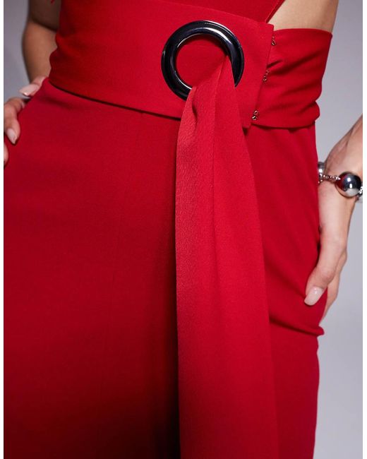 ASOS Red Halter Maxi Dress With Slit And Knot Belt