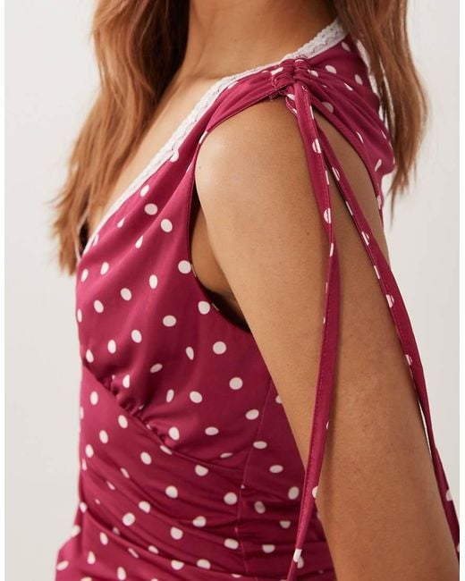 Miss Selfridge Red Ruched Shoulder V-Neck Tank Top With Lace Trim