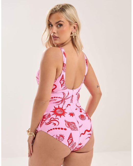 Yours Clothing Pink Shell Print Ruched Plunge Swimsuit