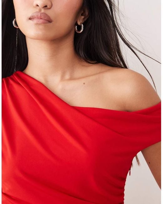 TFNC London Red Slinky Fallen Shoulder Thigh Split Ruffle Detail Midaxi Dress