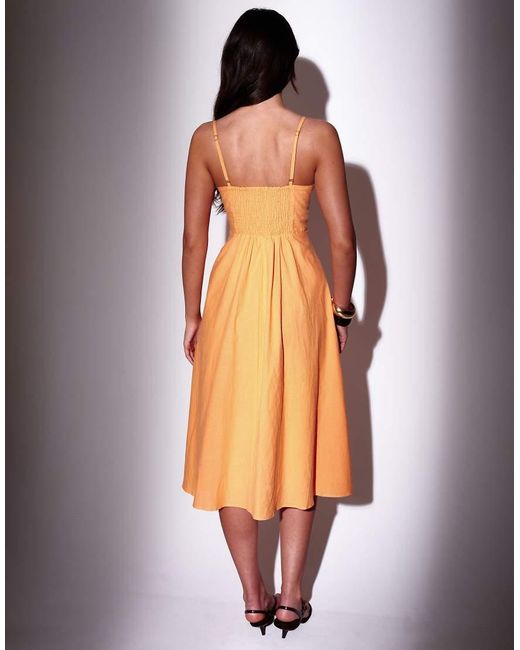 South Beach Orange Linen Blend Midi Dress With Bead Detail