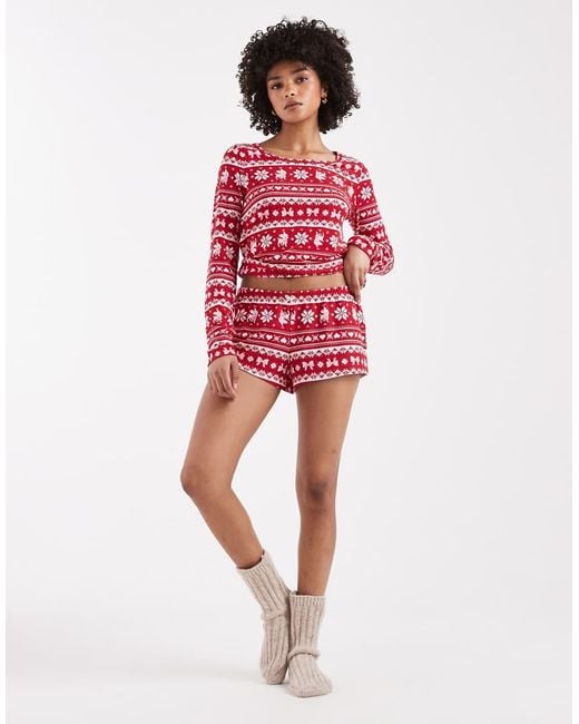 Hollister Red Long Sleeve And Shorts Pyjama Set