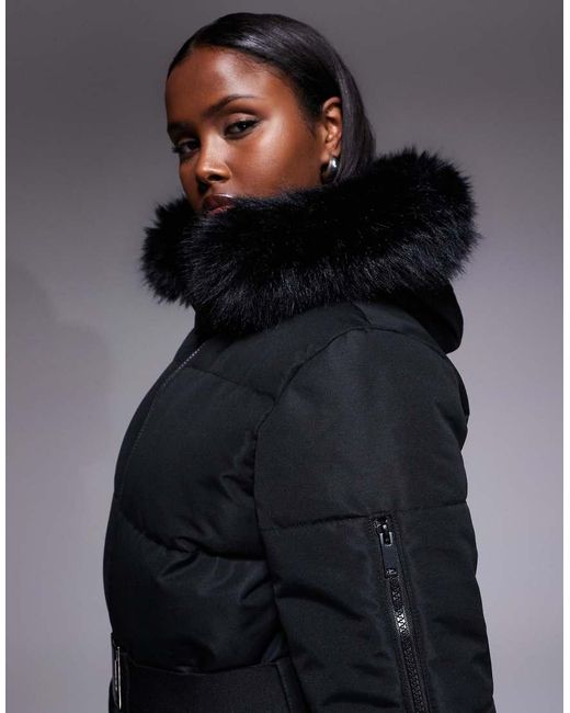 Chaqueta De Esquí Negra Acolchada Con Ribete De Piel Sintética En La Capucha De Ski Threadbare de color Blue