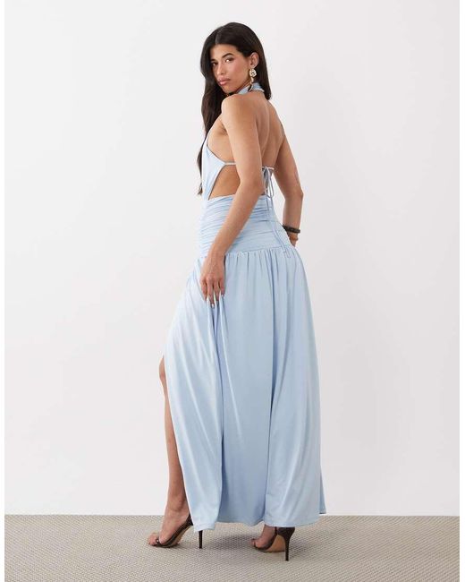 Aria Cove White Double Sculpted Slinky Ruched Detail High Neck Drop Waist Maxi Dress