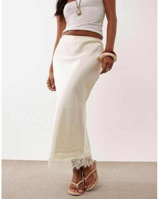 New Look White Lace Trim Satin Midi Skirt
