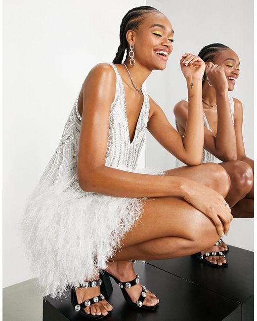 ASOS EDITION pearl embellished cami dress with faux feather hem, ASOS