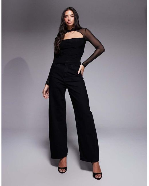 ASOS Black Mesh Slinky Rouleau Loop Long Sleeve Top With Cutout