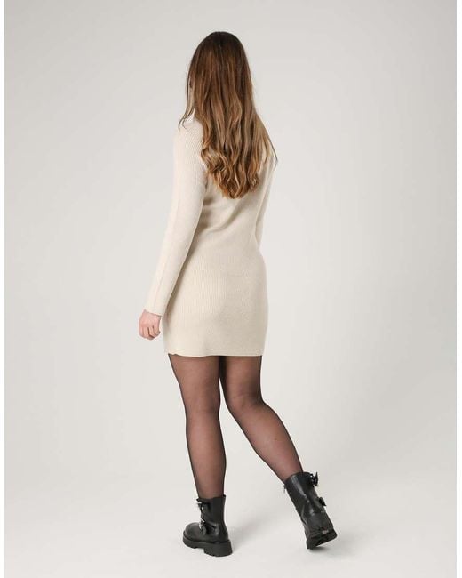 French Connection Natural Cosy Ribbed Cowl Neck Long Sleeve Mini Dress