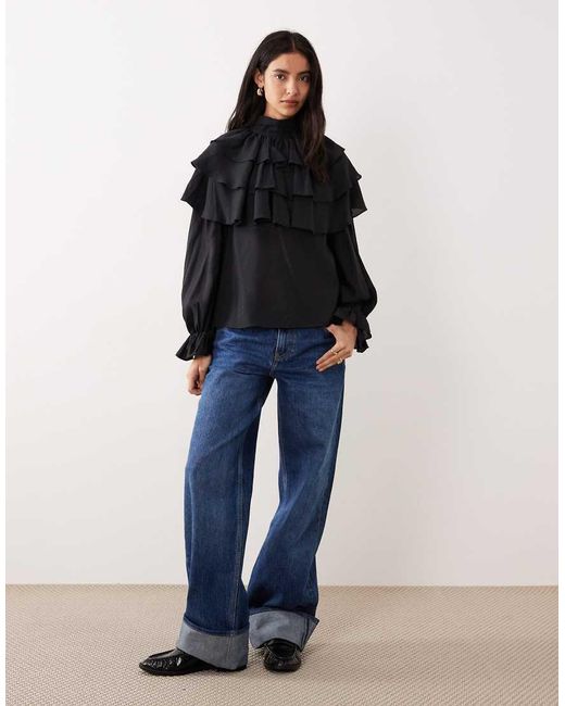 Glamorous Black Boho Ruffle High Neck Blouse