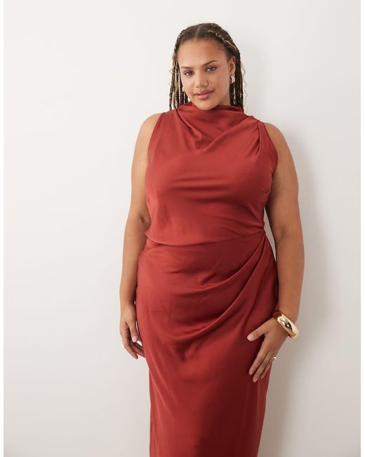 ASOS Asos Design Curve Pleated Gathered Bodice Satin Maxi Dress With High Neck