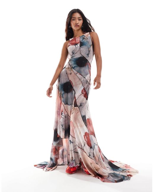 Robe du soir dos nu à lanières - imprimé fleurs floues ASOS en coloris Pink