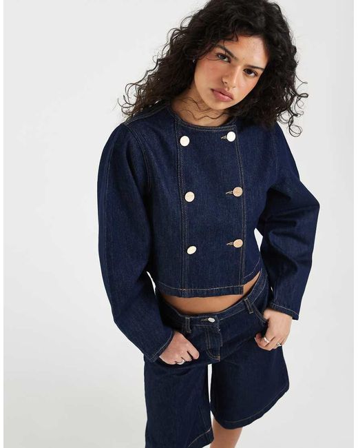 ASOS Blue Denim Double Breasted Cocoon Sleeve Jacket