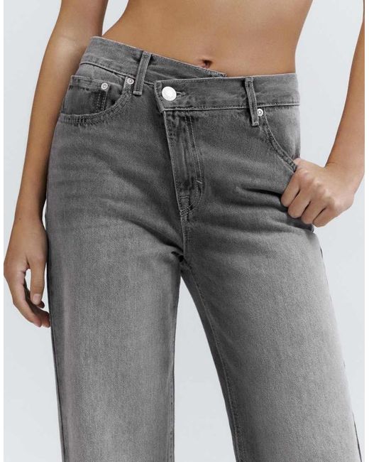 Pull&Bear Gray Straight-leg Jeans With Crossover Waistband