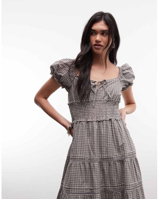 Daisy Street Gray Puff Sleeve Tiered Midaxi Dress With Tie Bust