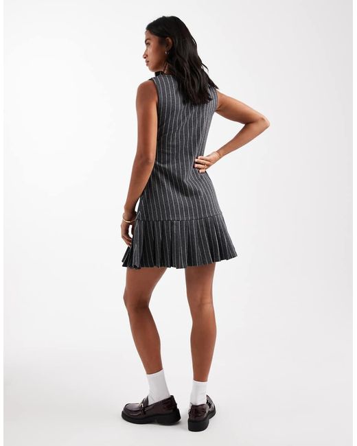 Miss Selfridge Black Pinstripe Pinny Dress With Drop Waist Pleated Hem
