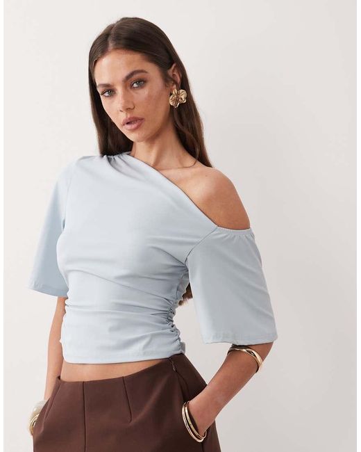 The Frolic Gray Exclusive Slinky Asymmetric Off Shoulder Ruched Side Top